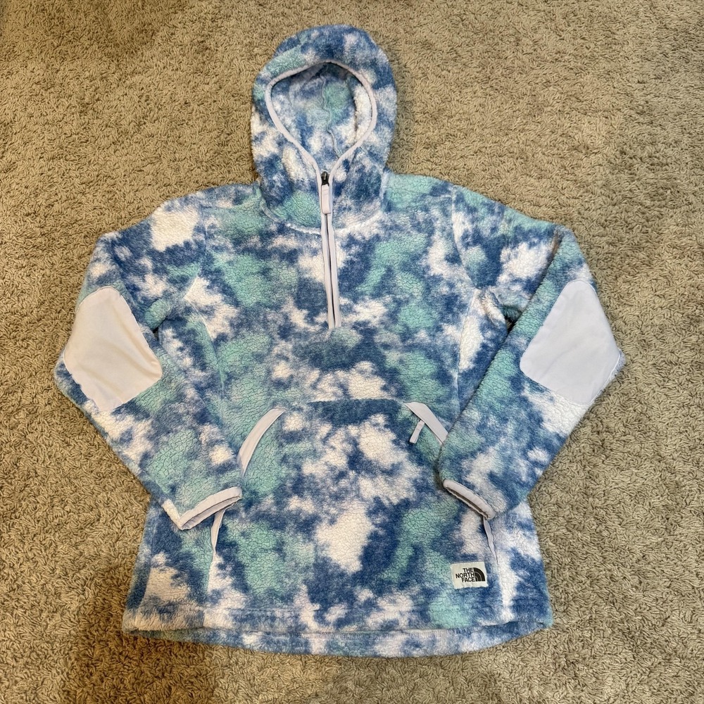 North Face Jacket Womens Small Blue Fleece Sherpa 1/2 Zip Hooded Anorak Camo‎